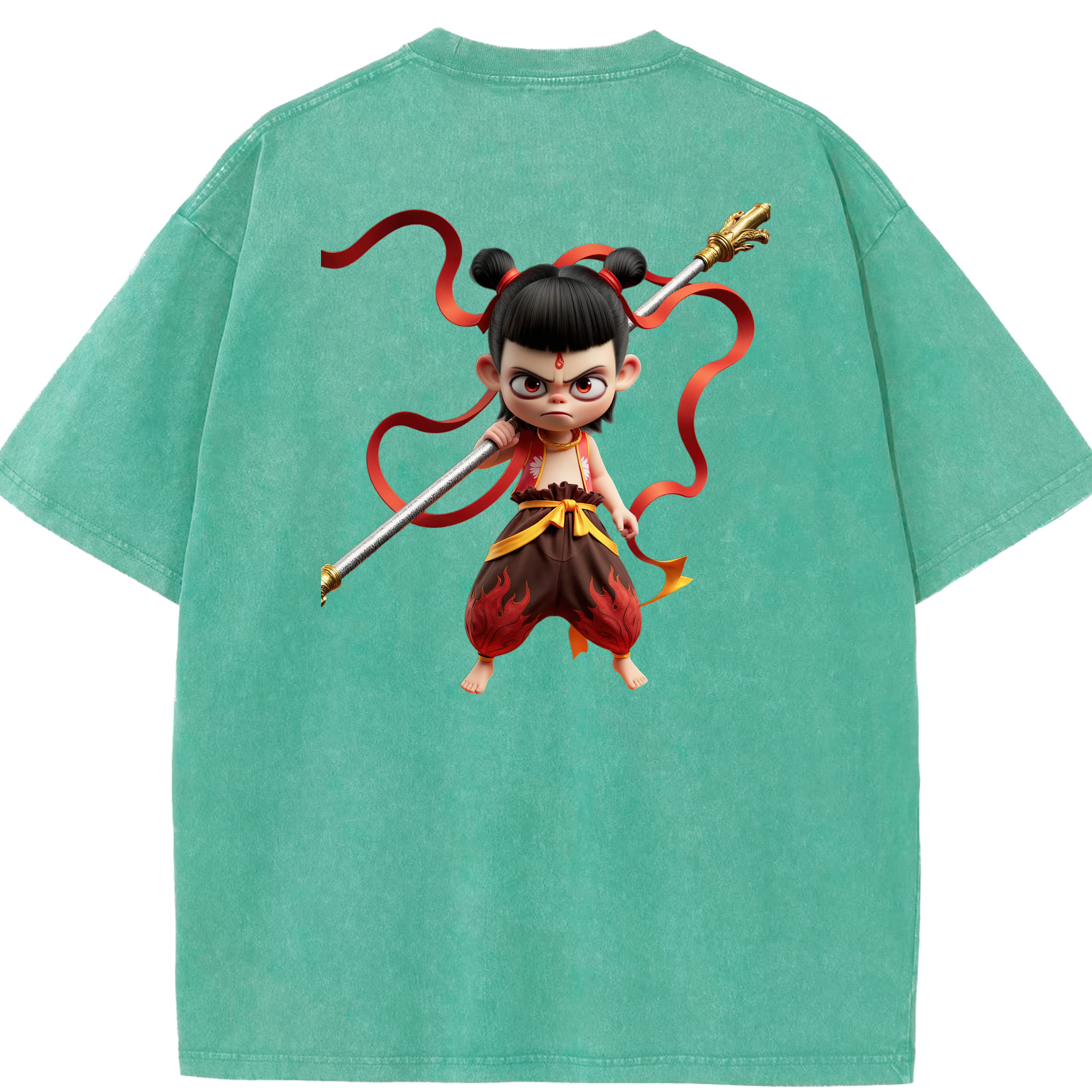 （画像用） Ne Zha 2 ナタ 魔童の大暴れ 綿100% ヴィンテージ風 半袖Tシャツ（背面プリント）